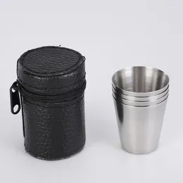 Mugs 4 Pcs 30ML Stainless Steel Camping Cup Mug Hiking Portable Tea Coffee Beer With Black Bag