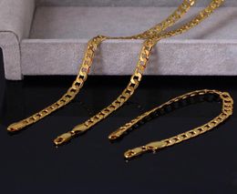 8mm Jewelry Set 18k Yellow Gold Filled Womens Mens Necklace Bracelet Curb Chain Link Flat Jewelry Gift4568879