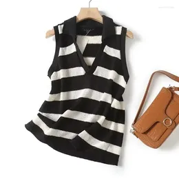 Party Dresses Women's 2024 Sweet Fashion Casual Knit Striped Short Vest Sweater Retro Lapel Sleeveless Chic Top