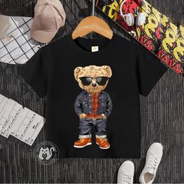 Teen Summer 100% cotton O-neck T-shirt Boys girls casual top Cartoon Cool Bear printed cotton T-shirt for kids 240517