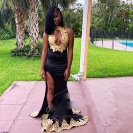 Long Prom Dresses 2021For Black Girls High Neck Gold Lace Appliques Keyhole Front Mermaid Met Gala Eevening Gowns Dress 3154