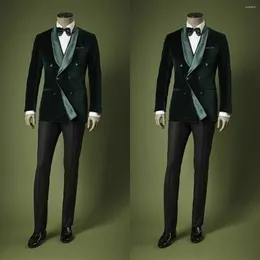 Men's Suits Velvet Men 2 Pieces Green Blazer Black Pants Double Breasted Tuxedo Satin Lapel FashionWedding Formal Work Causal Tailored