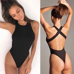 Women's Jumpsuits Rompers Back Cross Knit Bodycon Women Bodysuit O Neck Summer Spring Clothes Ribbed Black White Blackless Slim Sexy Body Tops Y240515