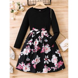 Girl Blossoms Graphic Long Sleeve A- line Dress For Elegant And Casual Look, Kids Clothing Gift L2405