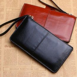 Wallets Vintage Women Oil Wax Leather Zipper Clutch Wallet Black Red Large Capacity Coin Purse Wristband Simple Card Holder Money Bag