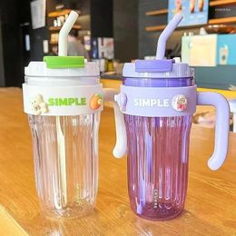 Water Bottles Simple Large Capacity Handy Plastic Cup Girl Office Mug Handle Straw Couple Drinking