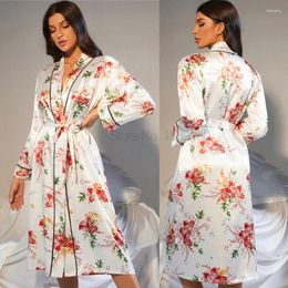 Women's Sleepwear Kimono Robe Pyjamas Suit Flower Gown Satin V-Neck Bathrobe&Sling&Pants Set Women Print Pyjamas Pour Femme Sexy Home