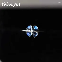 Cluster Rings Original Craft Clover Blue Moonstone Opening Adjustable Ring Noble Light Luxury Charm Women Brand Silver Jewellery