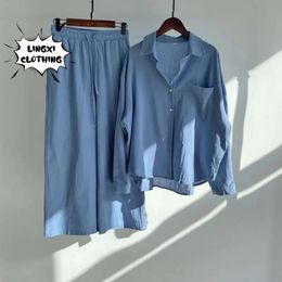 2024 Summer New Trend Cotton e camisa de linho Terne High Waltes Loose Troushers Desenta elegantes conjunto de duas peças para mulheres
