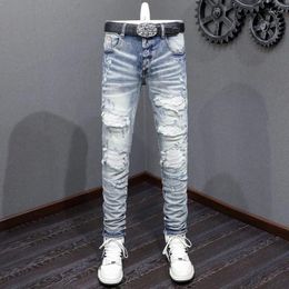 Men's Jeans Streetwear Fashion Men Retro Blue Stretch Skinny Fit Hole Ripped Leather Patched Designer Hip Hop Brand Pants