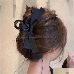 Headbands Designer Head Scarf Simple Satin Hair Band Bow Knot Headband Temperament Classic Solid Black And White Clip Headdress Fashio Otmn3
