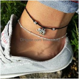 Anklets 50Pcs/Lot Vintage Star Heart Love For Women Men Ankle Bracelets On Foot Fashion Handmade Wax Rope Chain Friendship J Dhgarden Otr8X