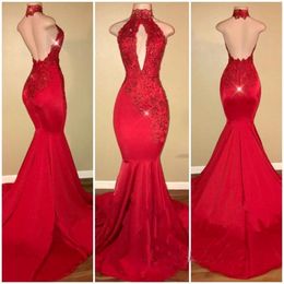 Sexy Long Red Mermaid Prom Dresses Deep V Neck Lace Applique Lace Halter Neck Backless Formal Dresses Evening Wear Gowns Custom 205k