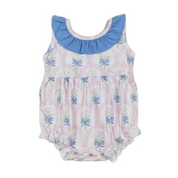 Rompers Baby newborn girl pink bow pleated edge sleeveless boutique wholesale summer and spring Pyjamas jumpsuit d240516