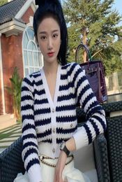 Spring 2021 new women039s dress contrast color gold line stripe short knit cardigan Vneck openchest long sleeve sweater6956798