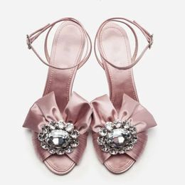 Ladies satin 2024 leather 10CM high heel sandals with buckle solid 3D Flower diamond peep-toe size 34-43 French style wedding party c743