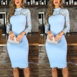 2022 Sheath Light Blue Cocktail Party Dresses High Neck Illusion Long Sleeve Lace Knee Length Prom Evening Special Occasion Dress Cheap 241V