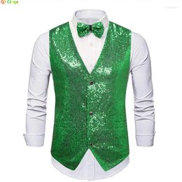 Men's Vests 2024 Green Bright Glitter Sequins Sleeveless Vest Single Breasted V-Neck Wedding Party Fashion Top Men Waistcoat