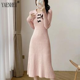 Casual Dresses Vintage Pink Sweet Polo Collar Bow Evening Party Knitted Sweater Dress For Women Autumn 2024 Birthday Pullover Midi Warm
