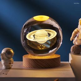 Decorative Figurines 6cm 3D Crystal Ball Planet Night Light Laser Engraved Solar System Globe Astronomy Birthday Gift Home Desktop