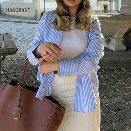 Women's Blouses 2024 Women Single-Breasted Button Full Sleeve Loose Leisure Casual Tops Autumn Lapel Blue White Striped Print Shirt