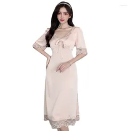 Women's Sleepwear Summer Thin Nightgown Solid Colour Pyjamas Ice Silk V-Neck Lace Short Sleeved Dress Home Suit Leisure Clothes For Women