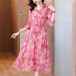 Casual Dresses Fairy Lace Collar Silk V-neck Dress In Summer 2024 Ladies French Temperament Long Floral Skirt With Seven Sleeves