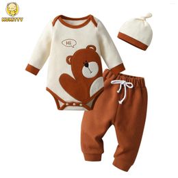 Clothing Sets Cute Born Infant Baby Boy Spring Autumn Clothes Set Bear Printed Long Sleeve Romper Bodysuit Top And Pants Cap Outfit