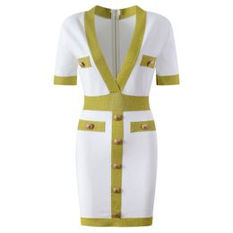 Summer White Contrast Colour Panelled Dress Short Sleeve V-Neck Buttons Short Casual Dresses Y4W092112001