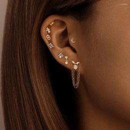 Stud Earrings BOAKO 925 Sterling Silver Geometric Zircon Round Bead Croissant Shaped Cartilage Pierced Chain Tassel For Women