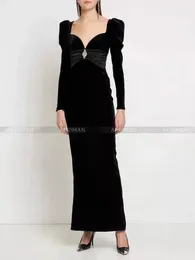 Casual Dresses Women 2024 Autumn Sweetheart Neck Puff Sleeve Diamond Beaded Waist Maxi Long Black Velvet Dress Party Wear