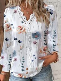 Women's Blouses White Shirts Autumn Casual Elegant Long Sleeve Print Office Lady Tops Women Ruffled Hollow Out Blouse Female Clothing