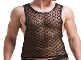 New men sexy Black Plaid Fishnet Tank Tops Gay bar Mesh Performance shirt Fitness vest Mesh transparent undershirts size XXL 4538520
