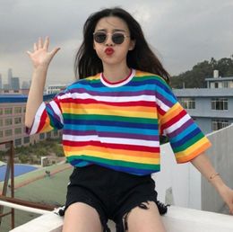 Women Plus Size Half Sleeves Harajuku TShirt Rainbow Contrast Coloured Cross Stripes Printed Oversized Loose Pullover Top 2206159773000