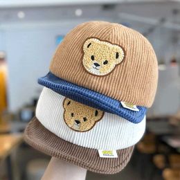 Caps Hats Cartoon Bear Corduroy Baseball Cap for Baby Winter Warm Toddler Peaked Hat Korean Soft Brim Adjustable Kids Boy Girl Sun Hats Y240517