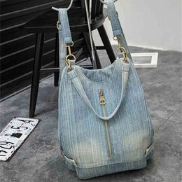 Washed Denim Women backpack Big Jean multifunctional backpack female shoulder bag Casual Travel Bags Rucksack blue Mochila Bols 210922 183p