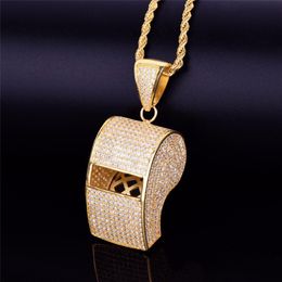 Gold Plated Iced Out Bling CZ Whistle Pendant Necklace with 24inch Rope Chain for Men Women Nice Gift 228U