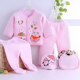 5PCS Newborn Baby Clothes Set Infant Boys Girls Cotton Suit Spring Autumn Cloth Cute Print T-Shirt+Pants+Hat Clothing Sets L2405