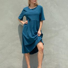Casual Dresses Puloru Summer Women's Dress Solid Color Short Sleeve O Neck Loose A-Line Midi Beach Holiday Street