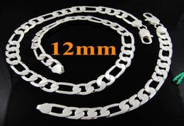 5sets Cool 925 Silver Men039s 12MM Flat Figaro Chains Necklae Bracelet Jewellery set 4 Choices3852490