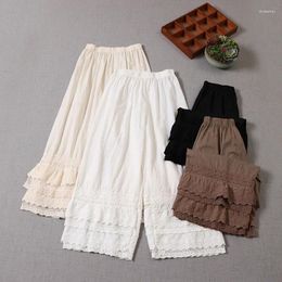 Women's Pants Summer Spring Japan Style Mori Girl Sweet Lace Embroidery Wide Leg Women Elastic Waist Casual Loose Cotton Linen Trousers