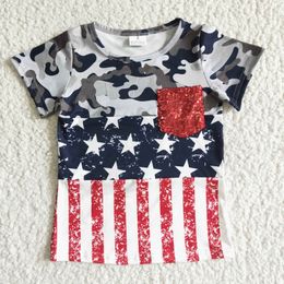 Camouflage white stars red and white stripes print with glitter pockets boys short sleeves