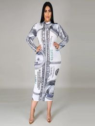 Plus Size Drs ZJFZML ZZ Women Clothing Dress 2022 Money Dollar Print Long Sleeve Bodycon Mid Calf Drop Wholesale6505755