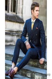 2018 Men Suit 2 Pieces Double Breasted Suits Navy Striped Tuxedo Wedding Suits for Men Slim Fit tuxedos JacketPants C181225016849152