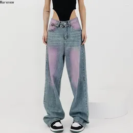 Women's Jeans American Vintage High Waist Tie Dye Casual 2000s Pants Baggy Y2K Wide Leg Grunge Street Style Denim Trouser