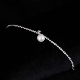 Women Exquisite Luxury Crystal Cubic Zirconia Tennis Iced Out Pearl Bracelets& Bangles Silver Color Chain Wedding Jewelry 178H