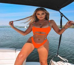 Brazilian One Piece Swimsuit String Monokini 2020 Sexy Neon High Cut Bikini Bandeau Swimwear Ring Chain Bodysuits Swimming Suit Y26927727