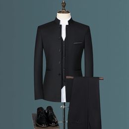 Fashion Mens Casual Boutique White Stand Up Collar Chinese Style 3 Pcs Suit Set Slim Fit Blazers Jacket Coat Pants Vest 240514