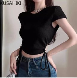 Women's T Shirts KUSAHIKI 2024 Summer Spicy Girl Style Chic Tie Slim Fit Short Sleeve T-shirt Drawstring Y2k Top