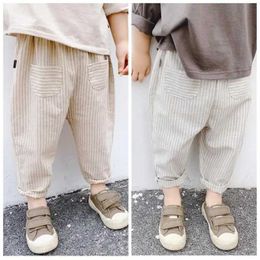 Trousers Spring and summer childrens casual cotton striped harem pants solid Colour baby boy girl pocket clothing d240520